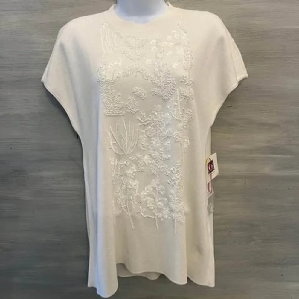 Anne Klein White Knit Floral Embellished Cap Sleeve Sweater Medium GC